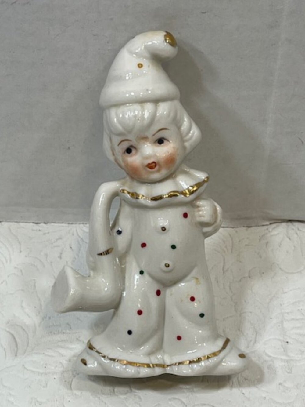 VTG Pierrot Child Clown Hat Polka Dots Musician Saxophone Figurine 2.75"x4.75"